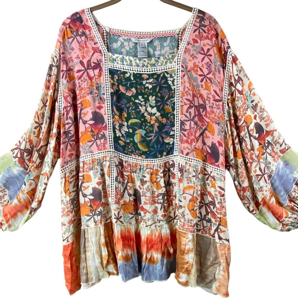 John Mark Boho Peasant Blouse Tunic Size XL Mixed Floral Lace Art To Wear Flowy